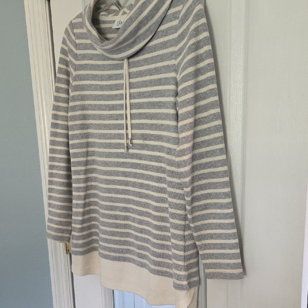 Chic Striped Gray and Cream Cowl Neck Sweater